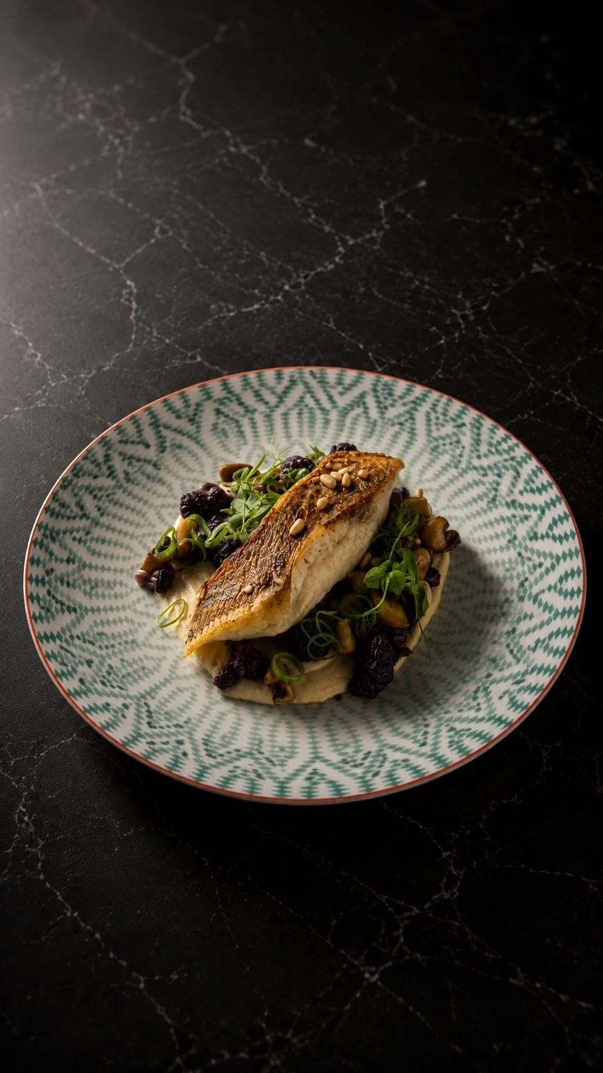 Poisson doré et garniture, dans une assiette à motifs